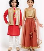 Gold sequinned linen skirt set & kurta jacket brother sister matching combo