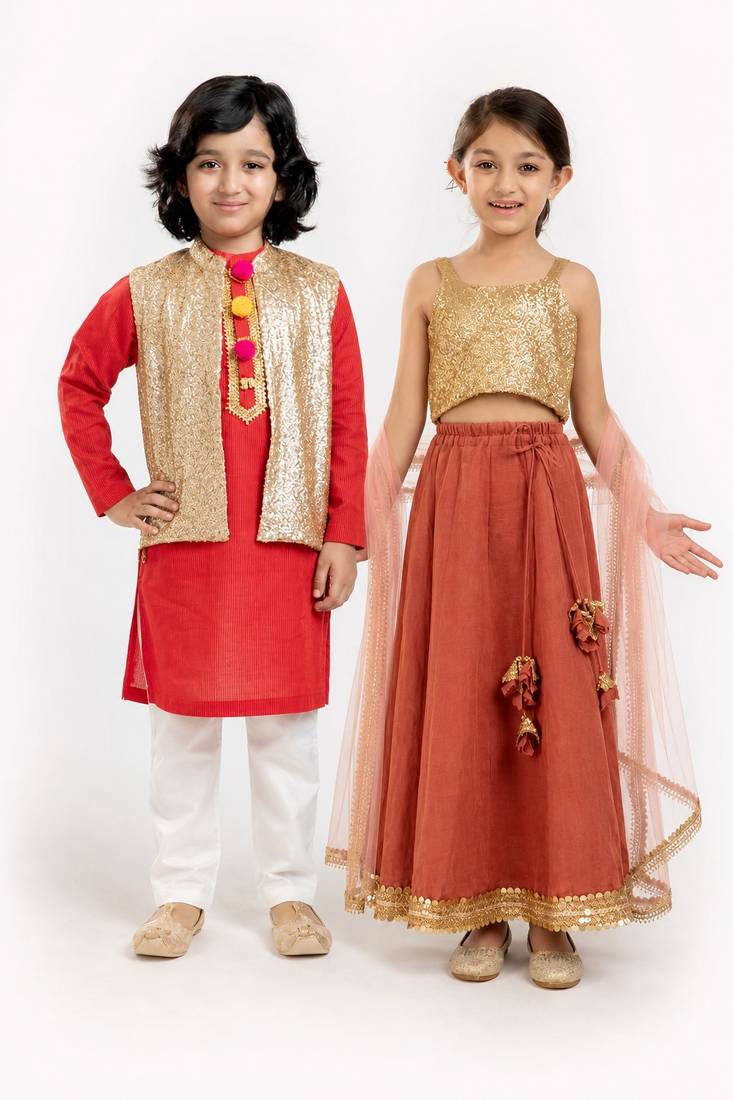 Gold sequinned linen skirt set & kurta jacket brother sister matching combo