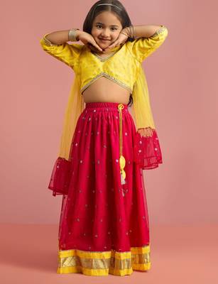Red & yellow foil printed net lehenga choli & kurta pyjama brother sister matching combo 2