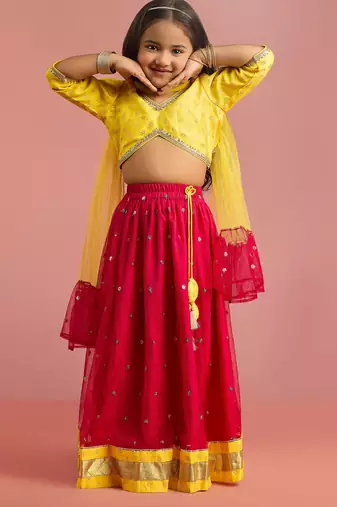 Red & yellow foil printed net lehenga choli & kurta pyjama brother sister matching combo