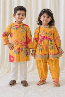 Yellow floral printed cotton kurta salwar set & kurta pyjama brother sister matching combo 1