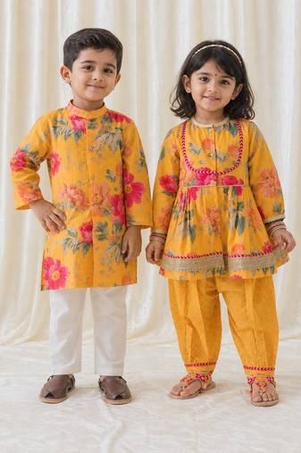 Yellow floral printed cotton kurta salwar set & kurta pyjama brother sister matching combo