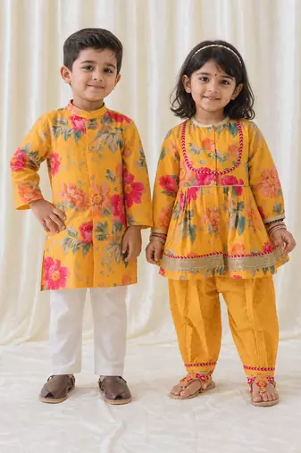 Yellow floral printed cotton kurta salwar set & kurta pyjama brother sister matching combo