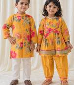 Yellow floral printed cotton kurta salwar set & kurta pyjama brother sister matching combo
