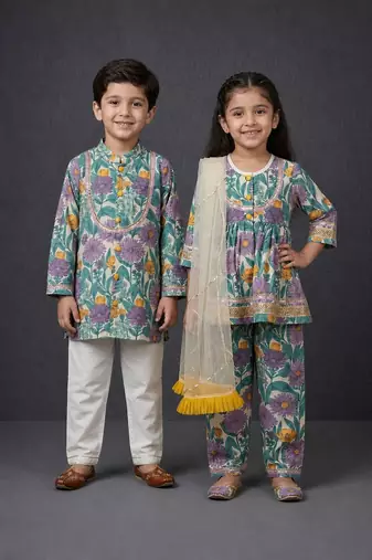 Purple printed cotton silk kurta set & kurta pant brother sister matching combo