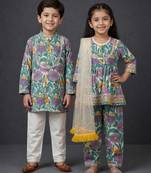 Purple printed cotton silk kurta set & kurta pant brother sister matching combo