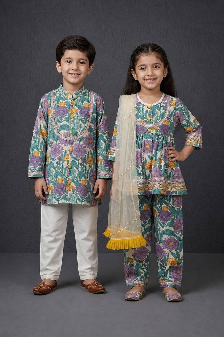 Purple printed cotton silk kurta set & kurta pant brother sister matching combo