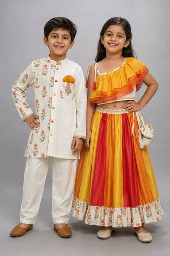 Orange & yellow embroidered organza lehenga choli & kurta pyjama brother sister matching combo