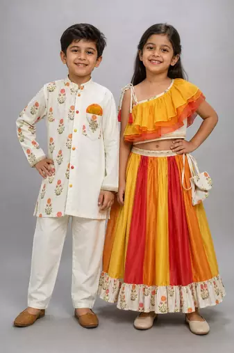Orange & yellow embroidered organza lehenga choli & kurta pyjama brother sister matching combo