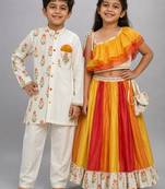 Orange & yellow embroidered organza lehenga choli & kurta pyjama brother sister matching combo