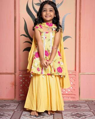 Yellow printed linen & chanderi kurta set & kurta pyjama brother sister matching combo 2