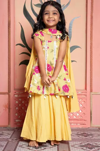 Yellow printed linen & chanderi kurta set & kurta pyjama brother sister matching combo