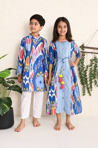 Blue ikat cotton dress & kurta pant brother sister matching combo