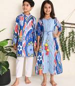 Blue ikat cotton dress & kurta pant brother sister matching combo