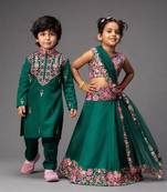 Green gota embroidered organza & satin lehenga choli & kurta pant brother sister matching combo