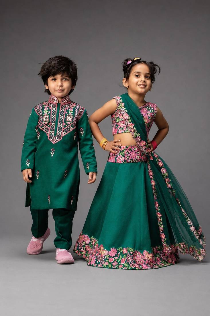 Green gota embroidered organza & satin lehenga choli & kurta pant brother sister matching combo