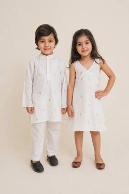 White solid & embroidered cotton dress & kurta pant brother sister matching combo 1