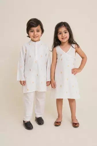 White solid & embroidered cotton dress & kurta pant brother sister matching combo