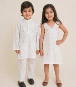 White solid & embroidered cotton dress & kurta pant brother sister matching combo