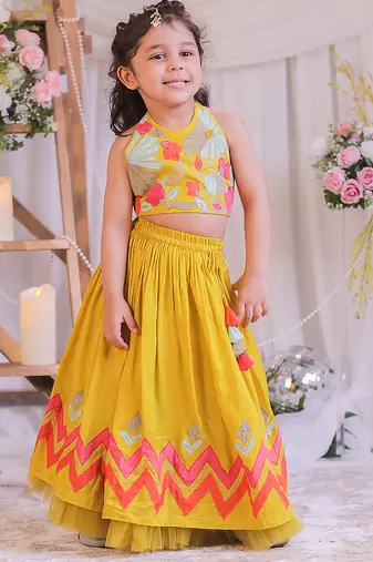 Mustard yellow embroidered silk lehenga choli & kurta jacket brother sister matching combo