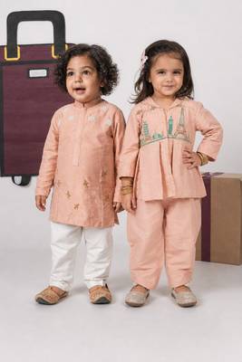 Onion pink embroidered cotton co-ord set & kurta pyjama brother sister matching combo 1