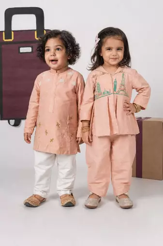 Onion pink embroidered cotton co-ord set & kurta pyjama brother sister matching combo