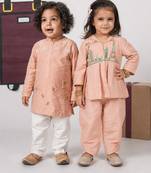 Onion pink embroidered cotton co-ord set & kurta pyjama brother sister matching combo