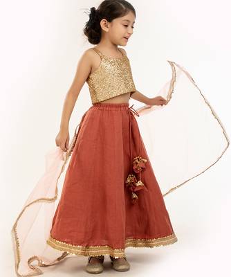 Gold sequinned linen skirt set & kurta jacket brother sister matching combo 2