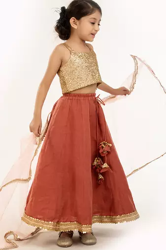Gold sequinned linen skirt set & kurta jacket brother sister matching combo
