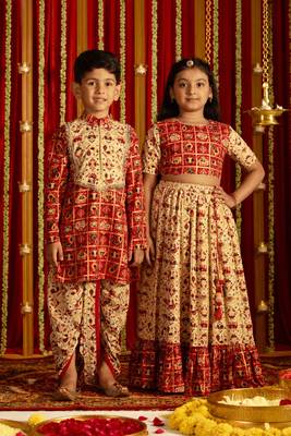 Red printed rayon lehenga choli & dhoti kurta brother sister matching combo 1