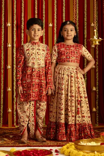 Red printed rayon lehenga choli & dhoti kurta brother sister matching combo