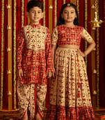 Red printed rayon lehenga choli & dhoti kurta brother sister matching combo