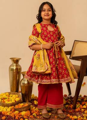 Crimson red & mustard yellow printed cotton anarkali set & kurta pant brother sister matching combo 2