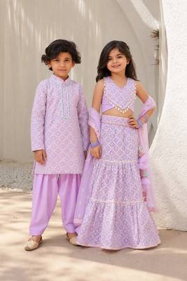 Lilac embroidered georgette lehenga choli & kurta pyjama brother sister matching combo 1
