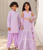 Lilac embroidered georgette lehenga choli & kurta pyjama brother sister matching combo