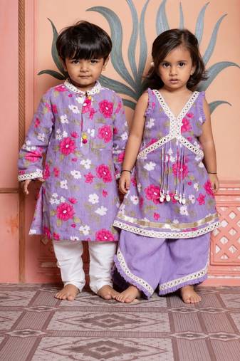 Purple embroidered & printed linen & silk co-ord set & kurta pyjama brother sister matching combo
