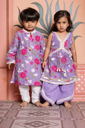 Purple embroidered & printed linen & silk co-ord set & kurta pyjama brother sister matching combo