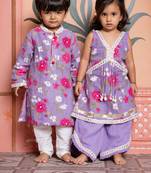 Purple embroidered & printed linen & silk co-ord set & kurta pyjama brother sister matching combo