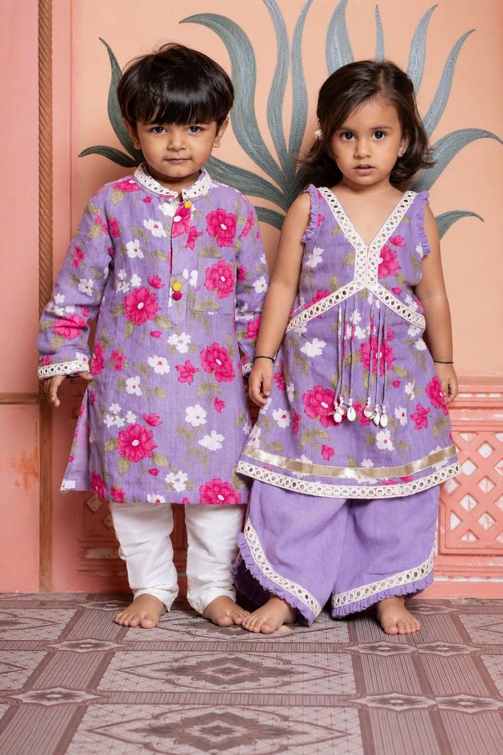 Purple embroidered & printed linen & silk co-ord set & kurta pyjama brother sister matching combo