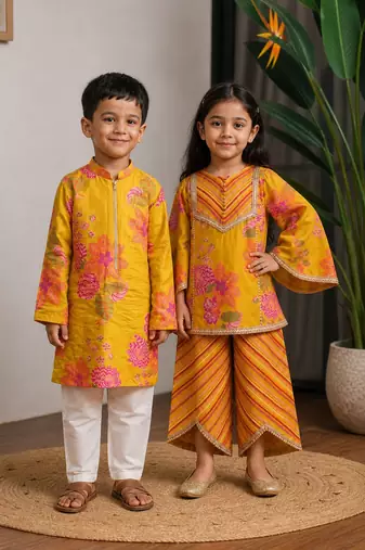Mustard yellow printed dola silk & muslin silk co-ord set & kurta pant brother sister matching combo