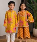 Mustard yellow printed dola silk & muslin silk co-ord set & kurta pant brother sister matching combo