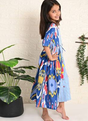Blue ikat cotton dress & kurta pant brother sister matching combo 2