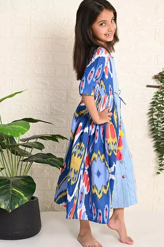 Blue ikat cotton dress & kurta pant brother sister matching combo