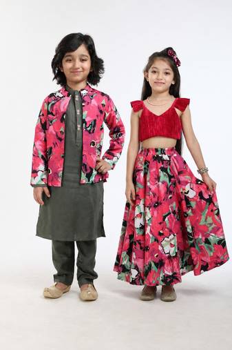 Green embroidered cotton & linen lehenga choli & kurta jacket brother sister matching combo