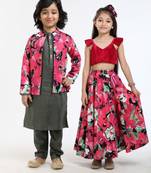 Green embroidered cotton & linen lehenga choli & kurta jacket brother sister matching combo