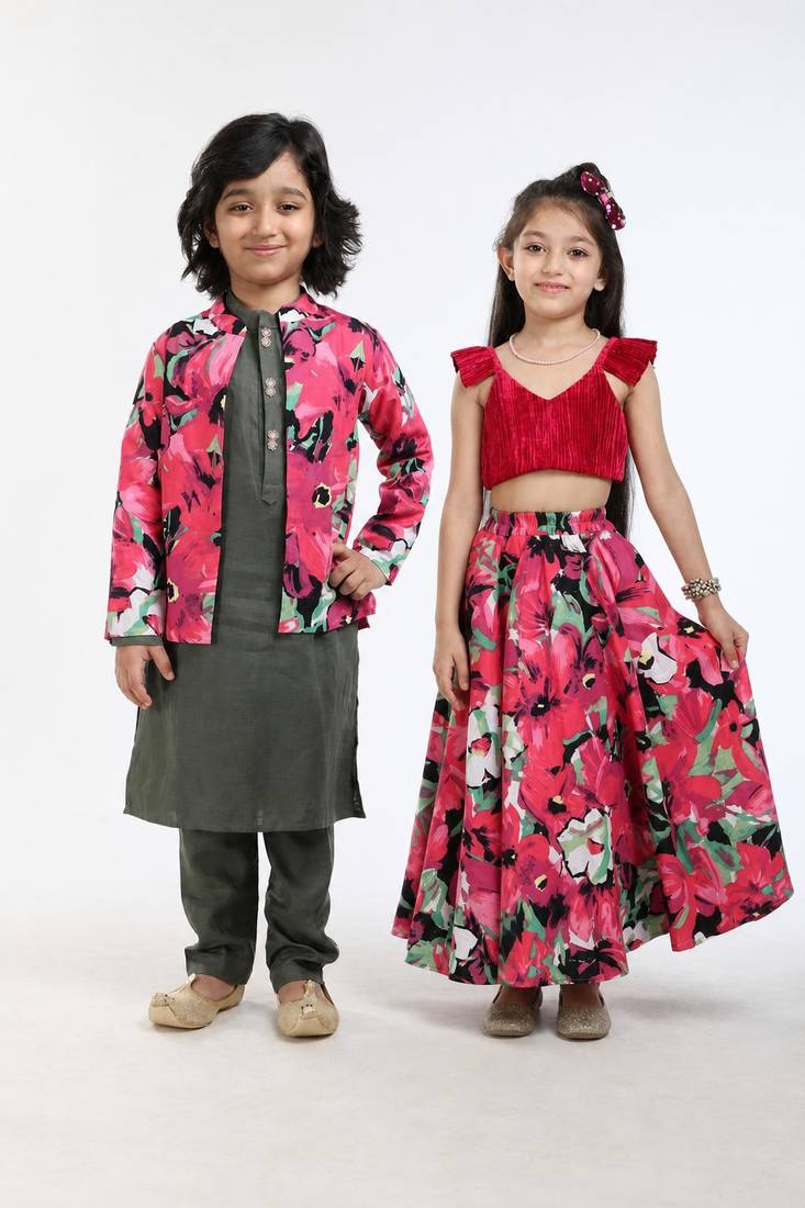 Green embroidered cotton & linen lehenga choli & kurta jacket brother sister matching combo
