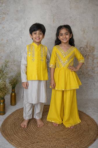 Yellow handwoven cotton sharara set & bandhgala brother sister matching combo