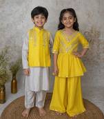Yellow handwoven cotton sharara set & bandhgala brother sister matching combo
