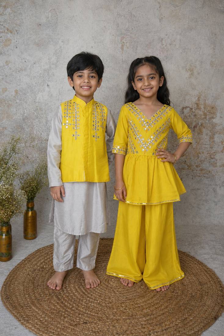 Yellow handwoven cotton sharara set & bandhgala brother sister matching combo