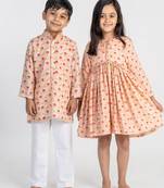 Peach printed cotton dress & kurta pant brother sister matching combo